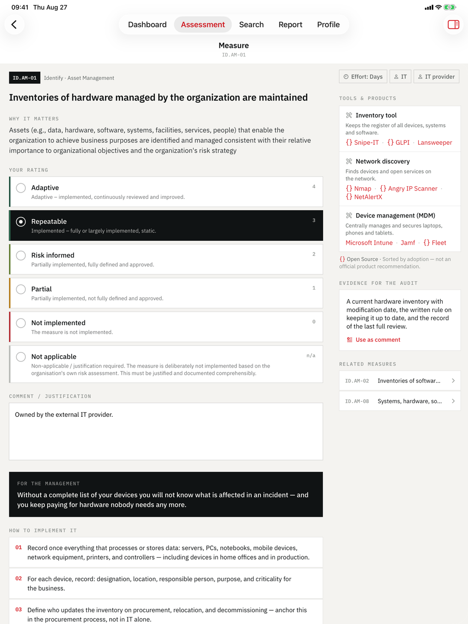 Cyber Maturity Audit on iPad — Subcategory: The NIST CSF 2.0 wording, then maturity 0–4.