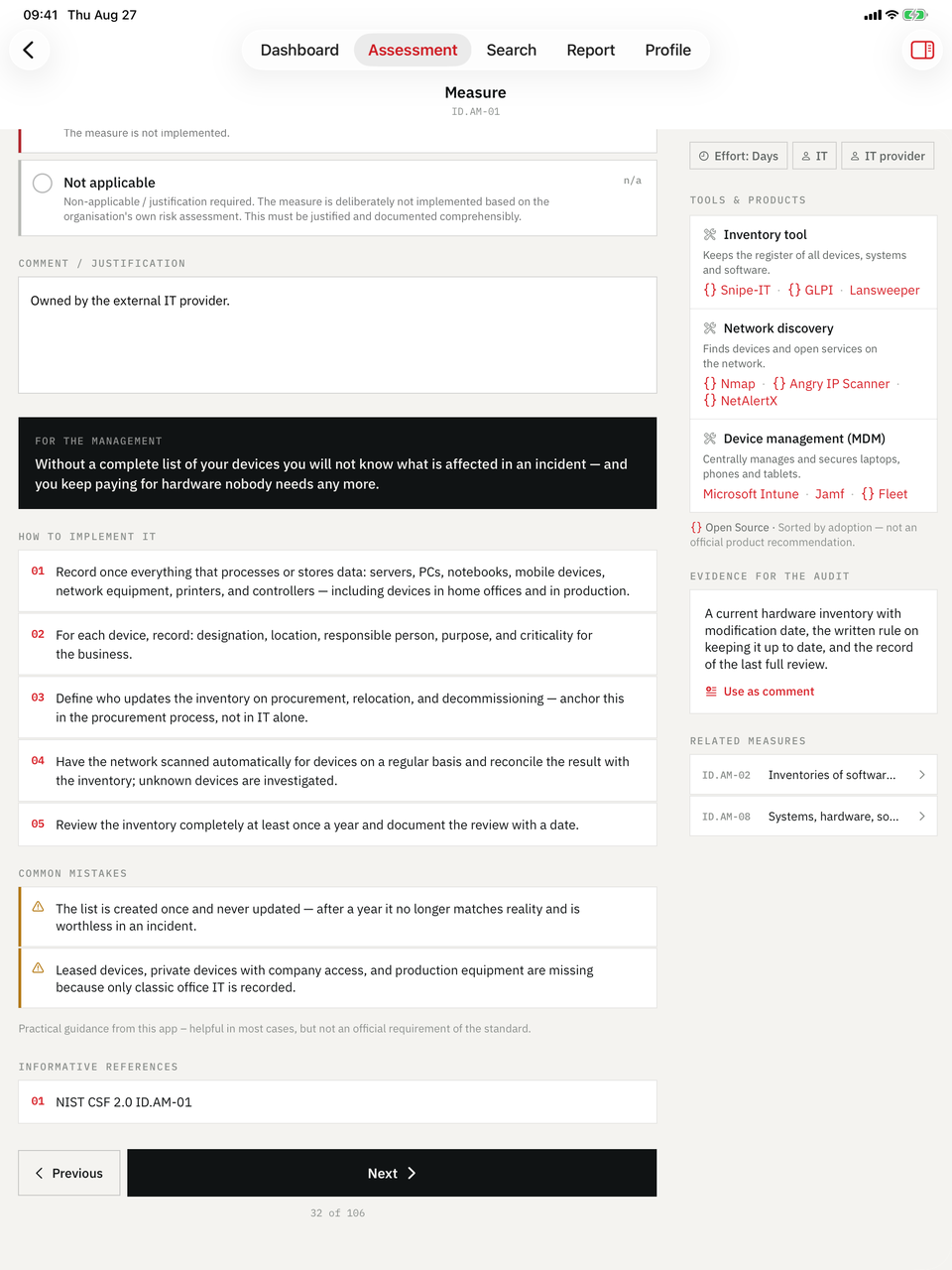 Cyber Maturity Audit on iPad — Guidance: Steps, common mistakes, effort, and the audit evidence.