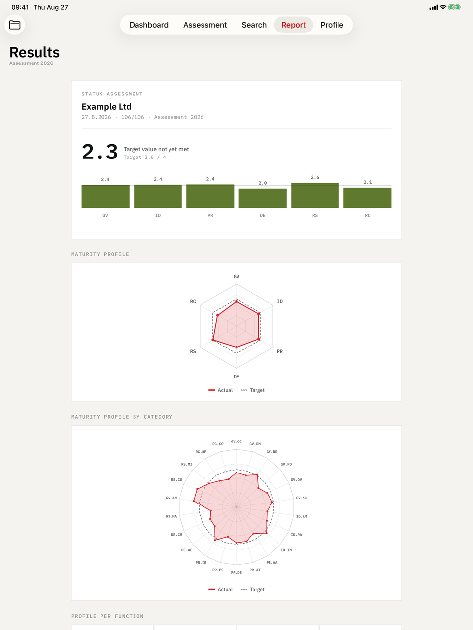 Cyber Maturity Audit on iPad — Report: Result, radar profile, gap analysis — and the PDF.