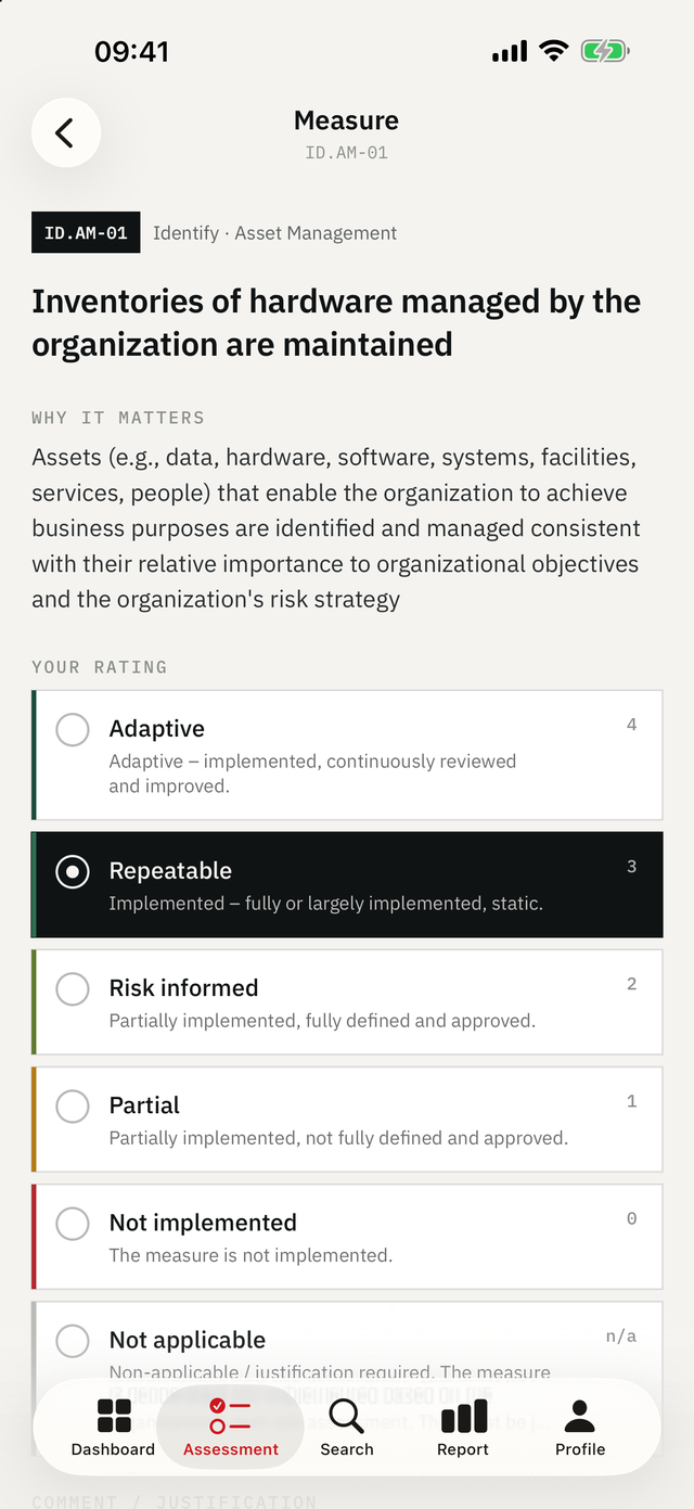 Cyber Maturity Audit on iPhone — Subcategory: The NIST CSF 2.0 wording, then maturity 0–4.