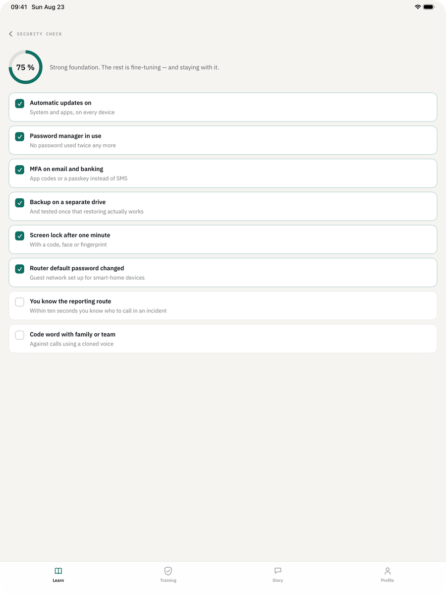 Cyber Security Awareness Fit on iPad — Security check: Eight points that actually matter, and what is still missing.