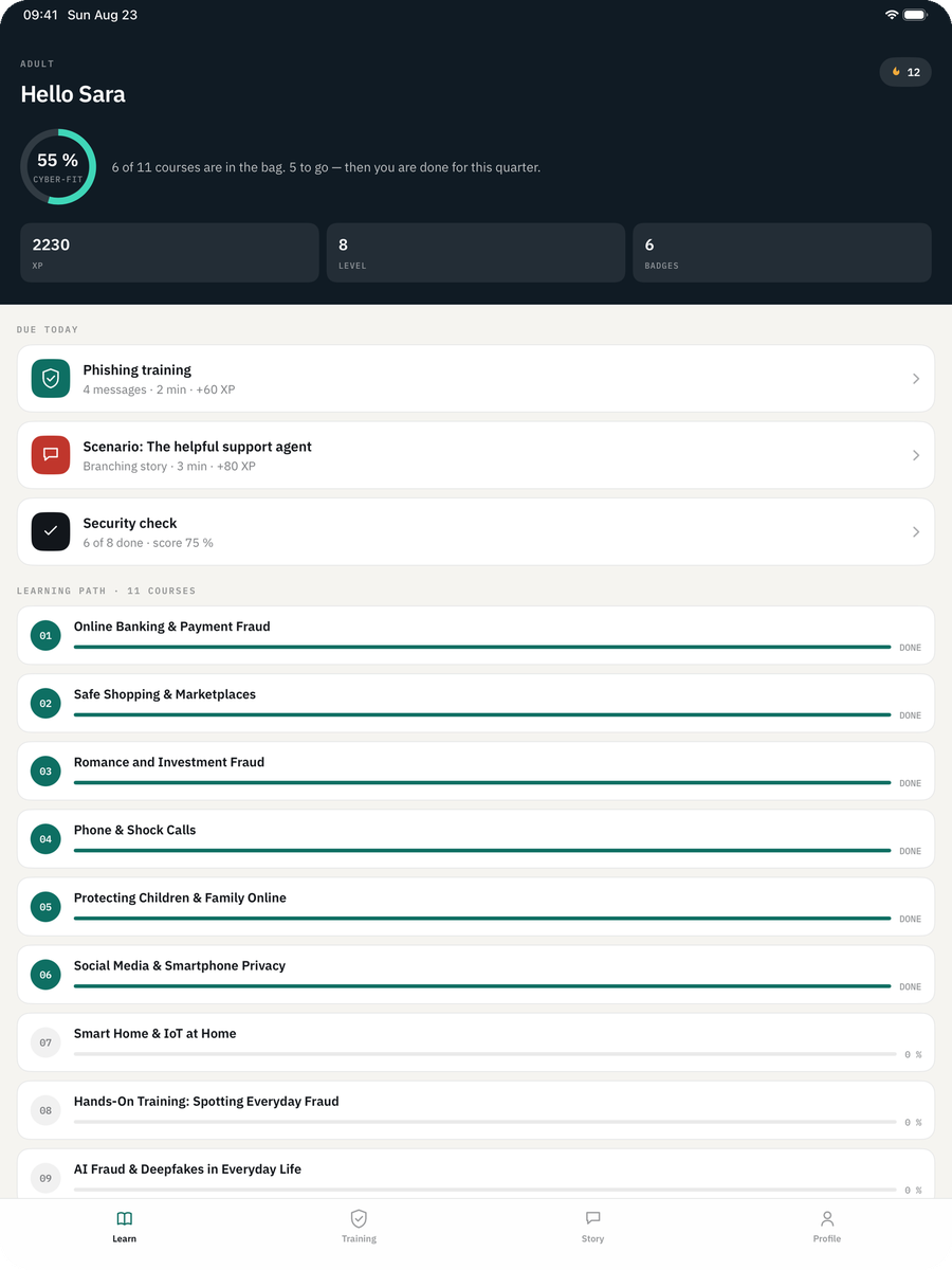 Cyber Security Awareness Fit on iPad — Learning path: Your courses in order, tailored to the age group you chose.