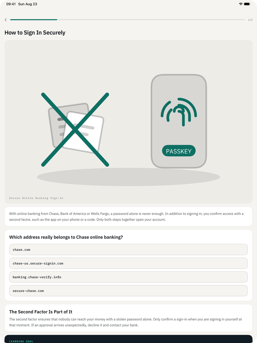 Cyber Security Awareness Fit on iPad — Lesson: Read it, then put it to use: every lesson ends with an exercise.