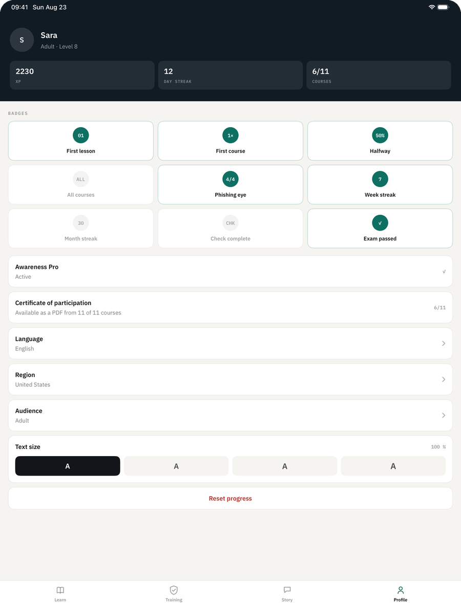 Cyber Security Awareness Fit on iPad — Profile: Your progress stays with you. No account, no server, no tracking.