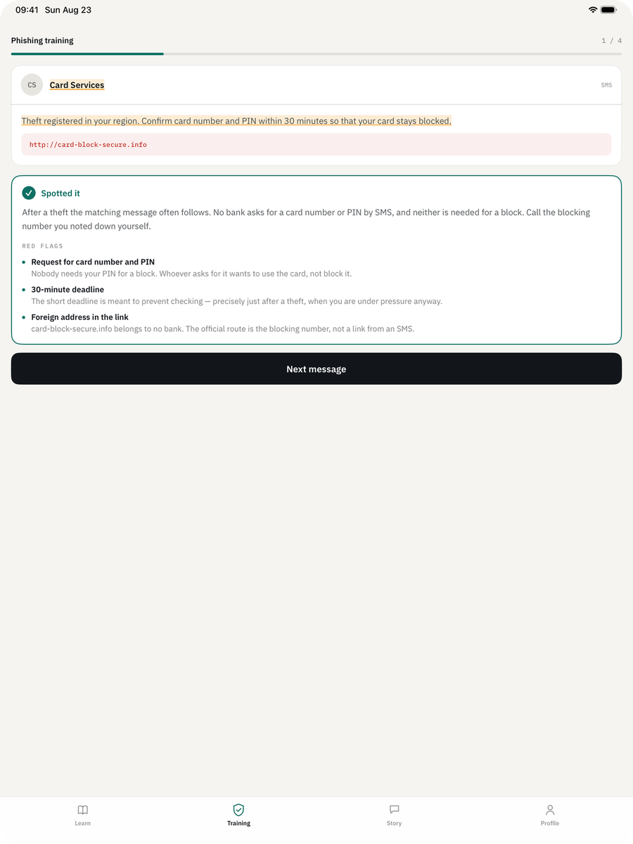 Cyber Security Awareness Fit on iPad — Phishing training: After your answer the app marks the red flags in the text.