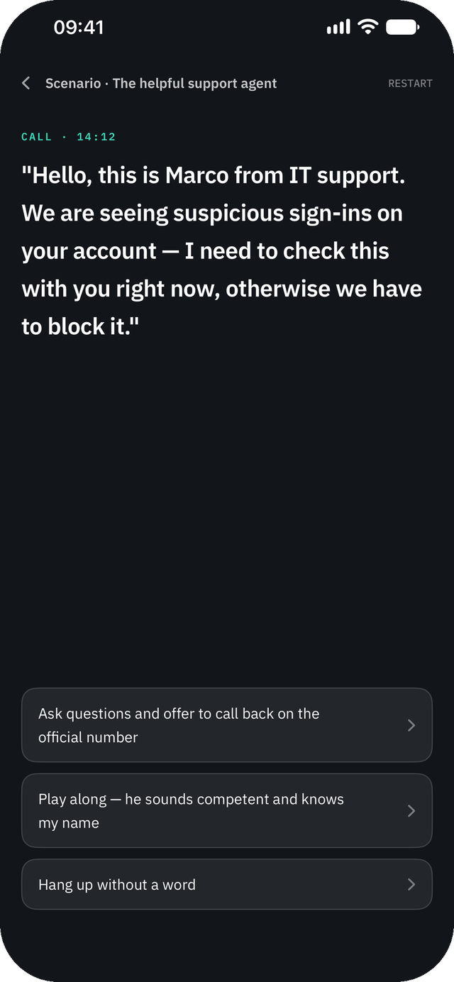 Cyber Security Awareness Fit on iPhone — Scenario: The call that sounds like support — branching, with consequences.