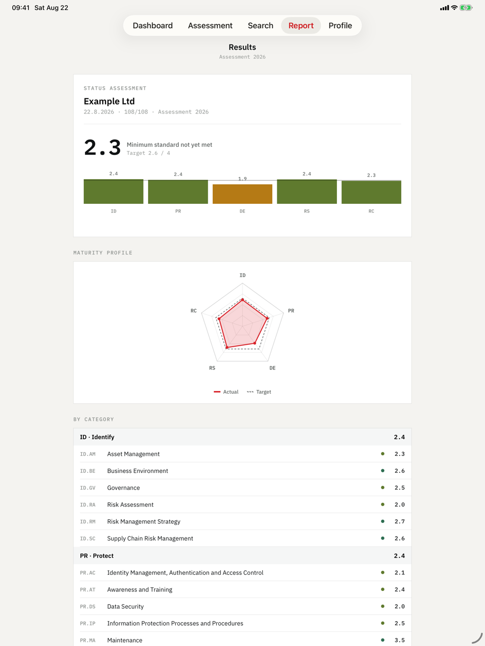 IKT-Minimalstandard on iPad — Result, radar profile, gap analysis — and the PDF.