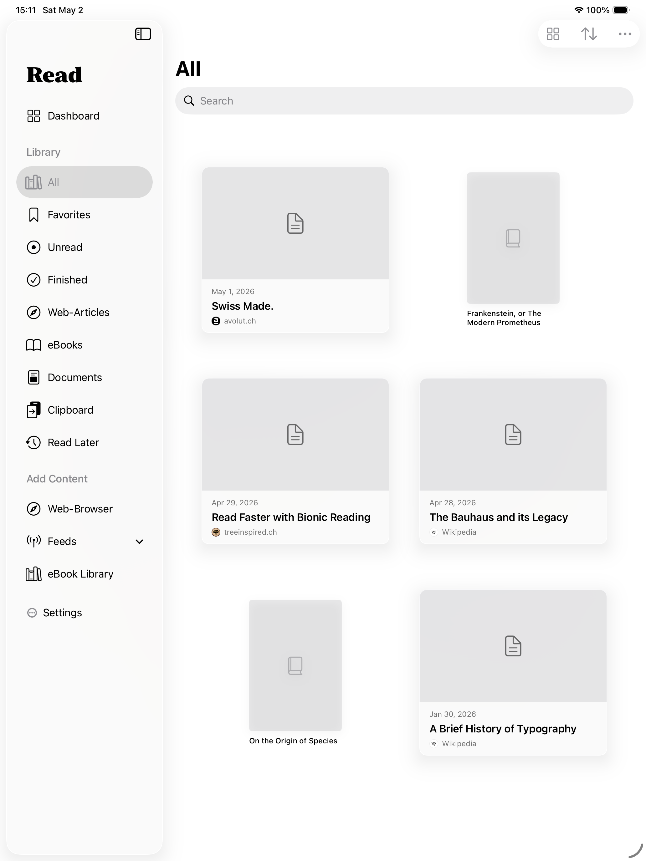 Read library on iPad — sidebar layout with article cards