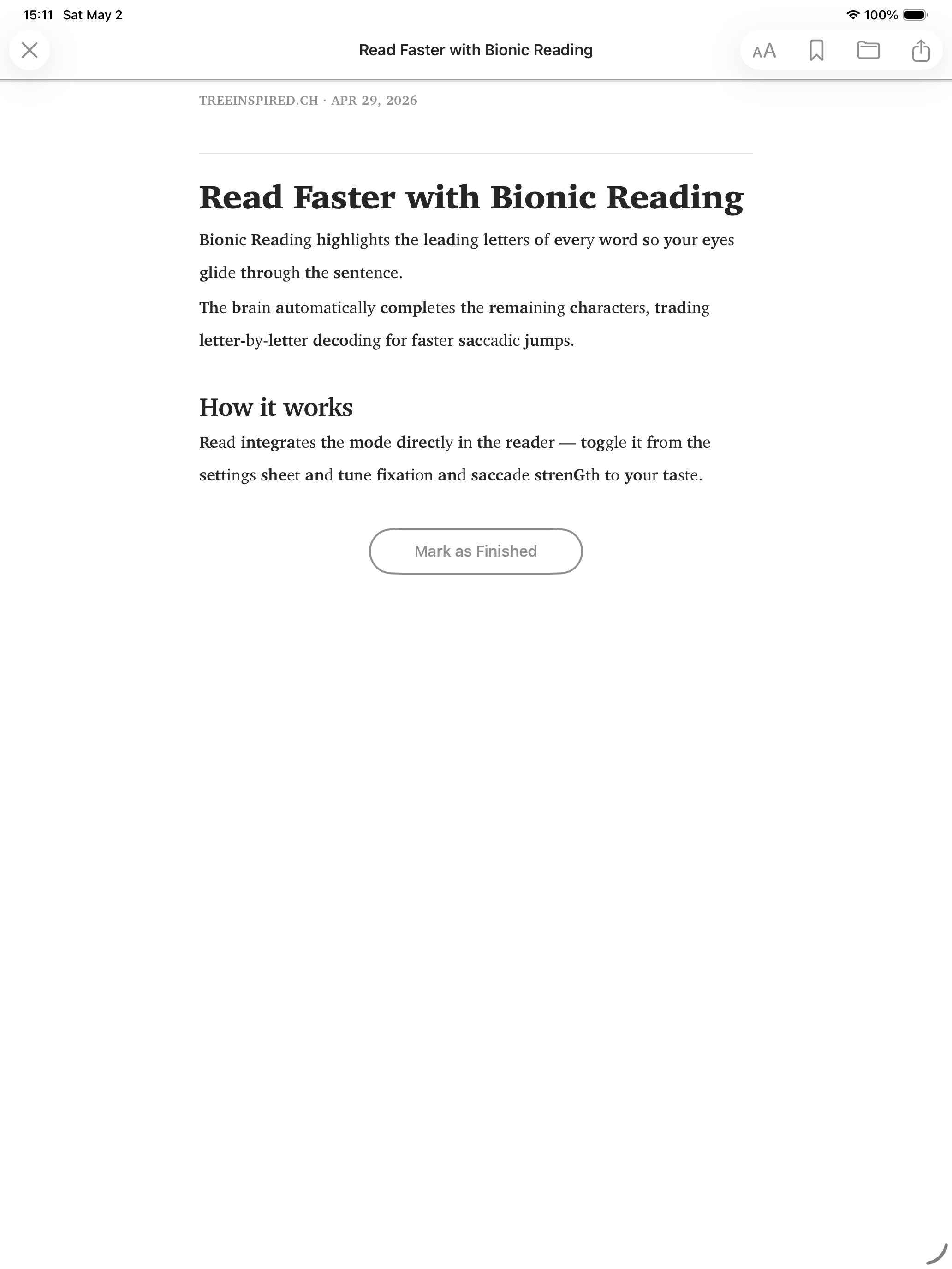 Read with Bionic Reading active on iPad