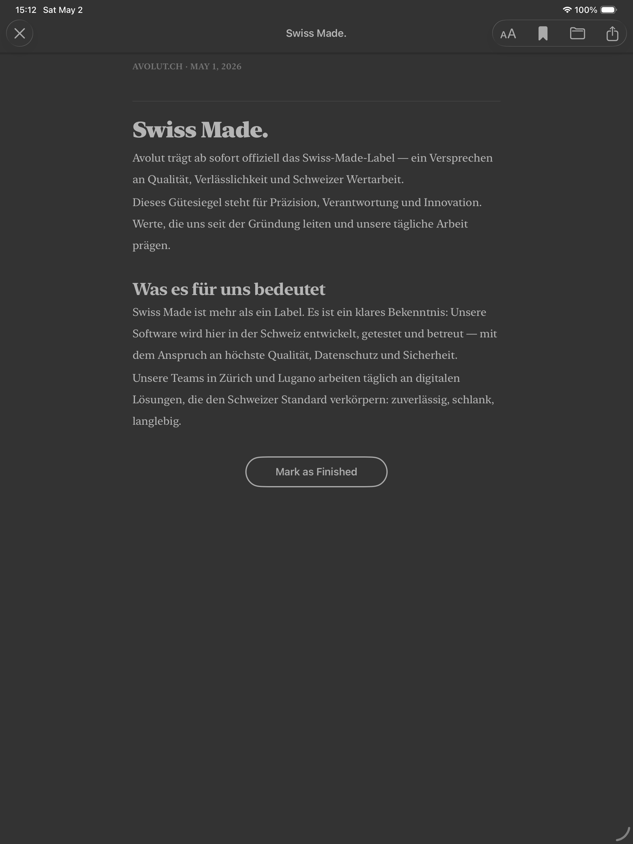 Read article reader on iPad — dark theme