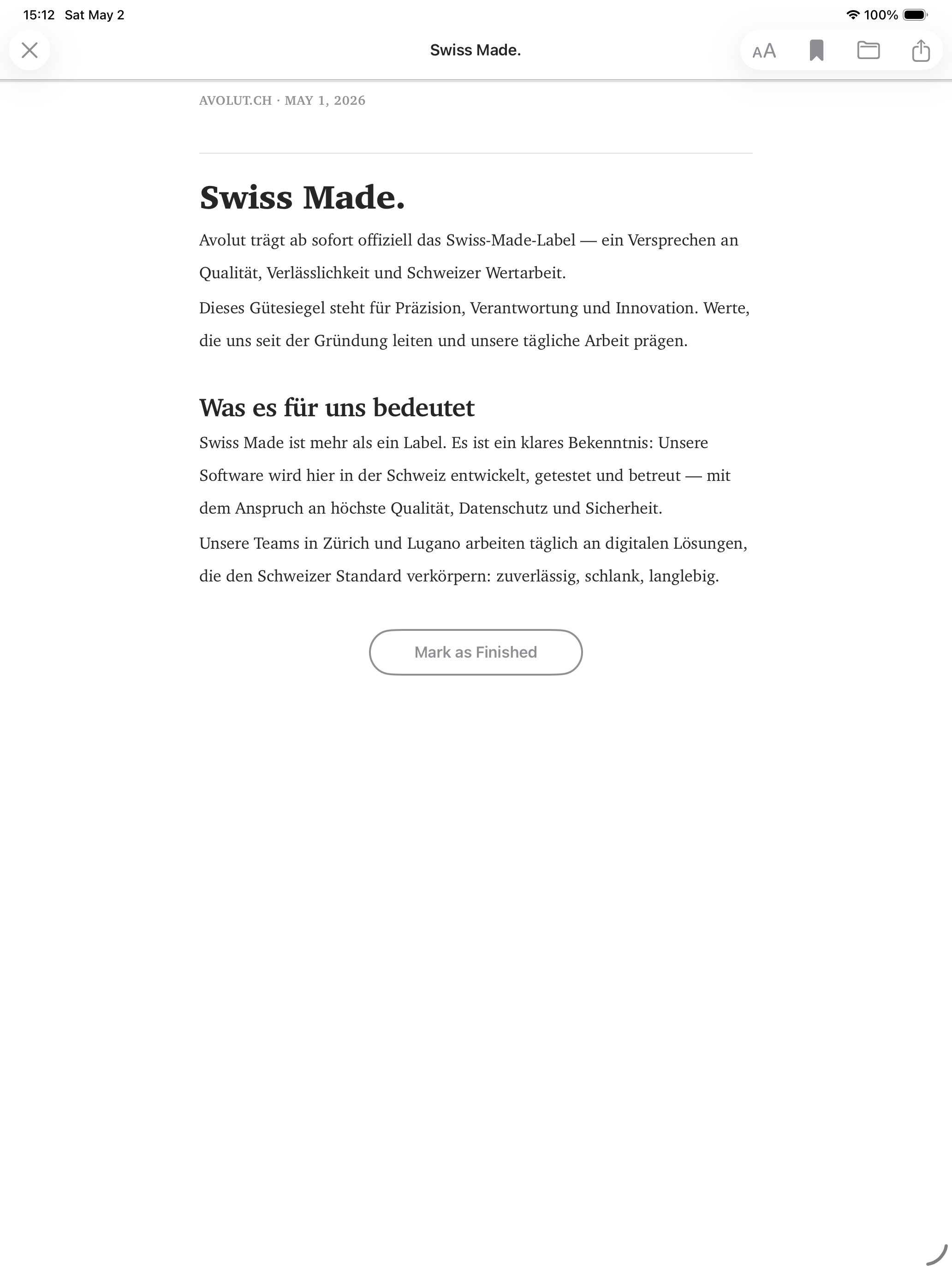 Read article reader on iPad — light theme