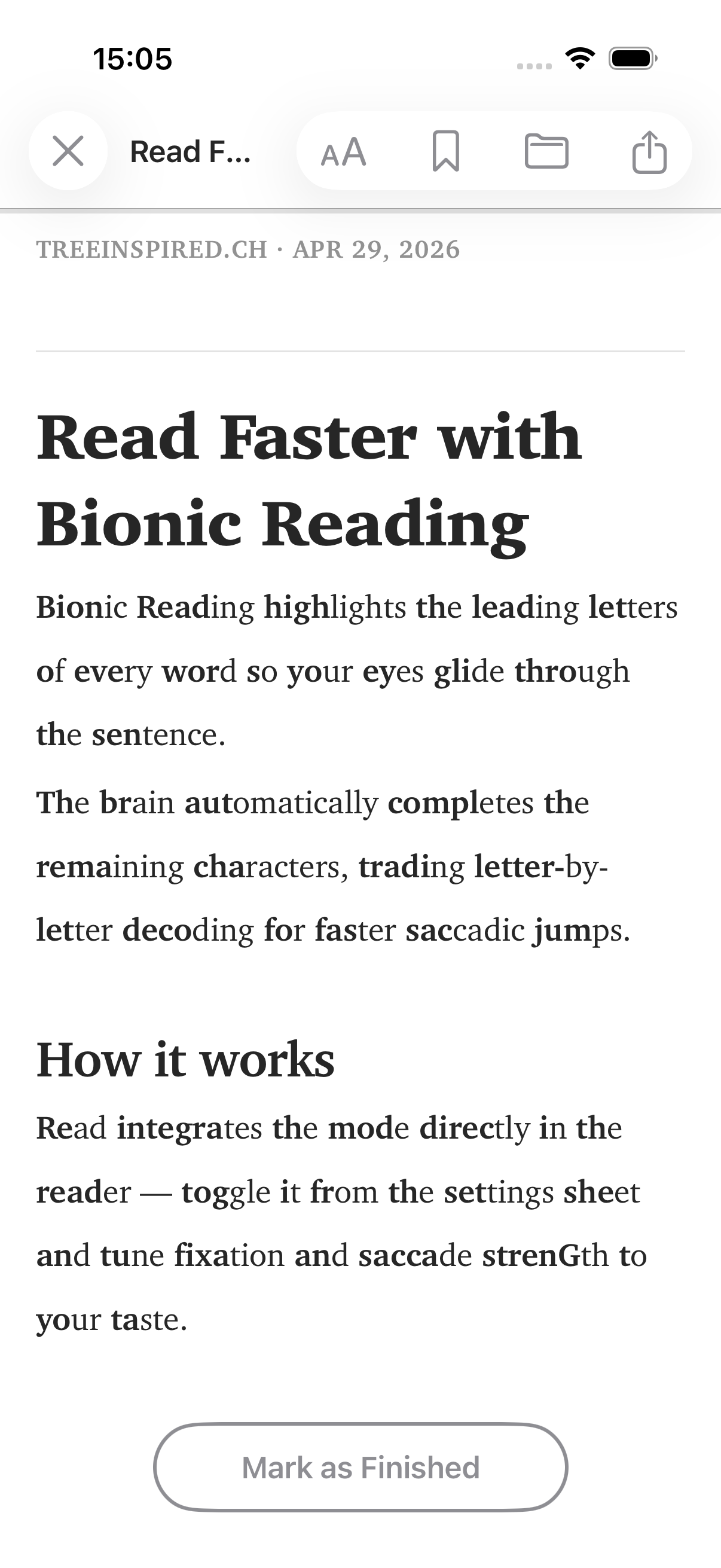 Read with Bionic Reading active on iPhone