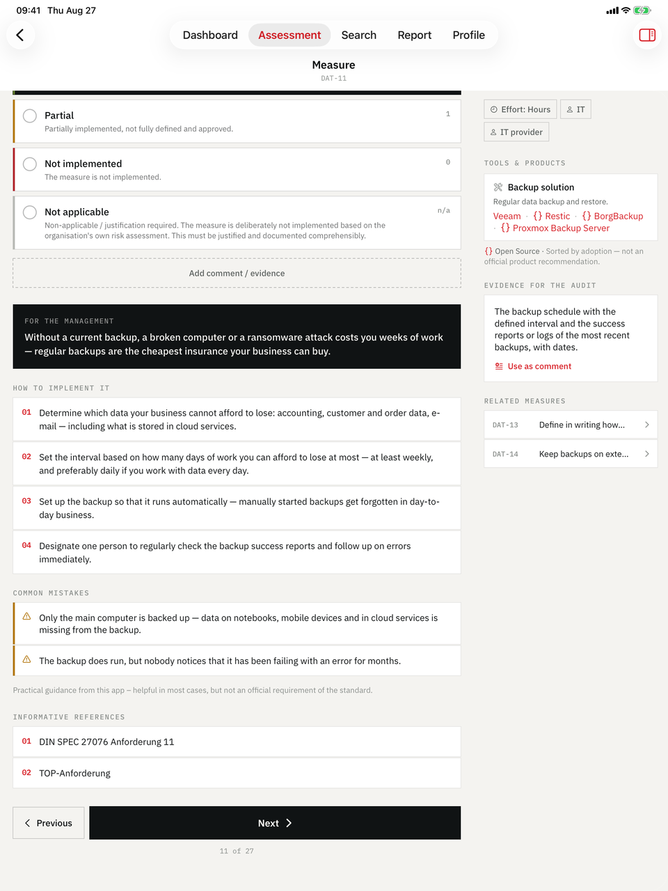 KMU Cyber-Audit on iPad — Guidance: Steps, common mistakes, effort, and the audit evidence.