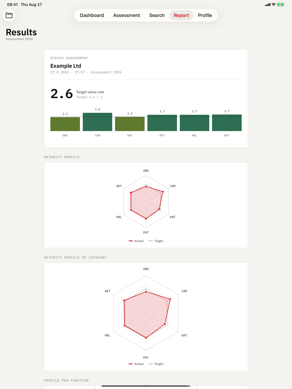 KMU Cyber-Audit on iPad — Report: Result, radar profile, gap analysis — and the PDF.
