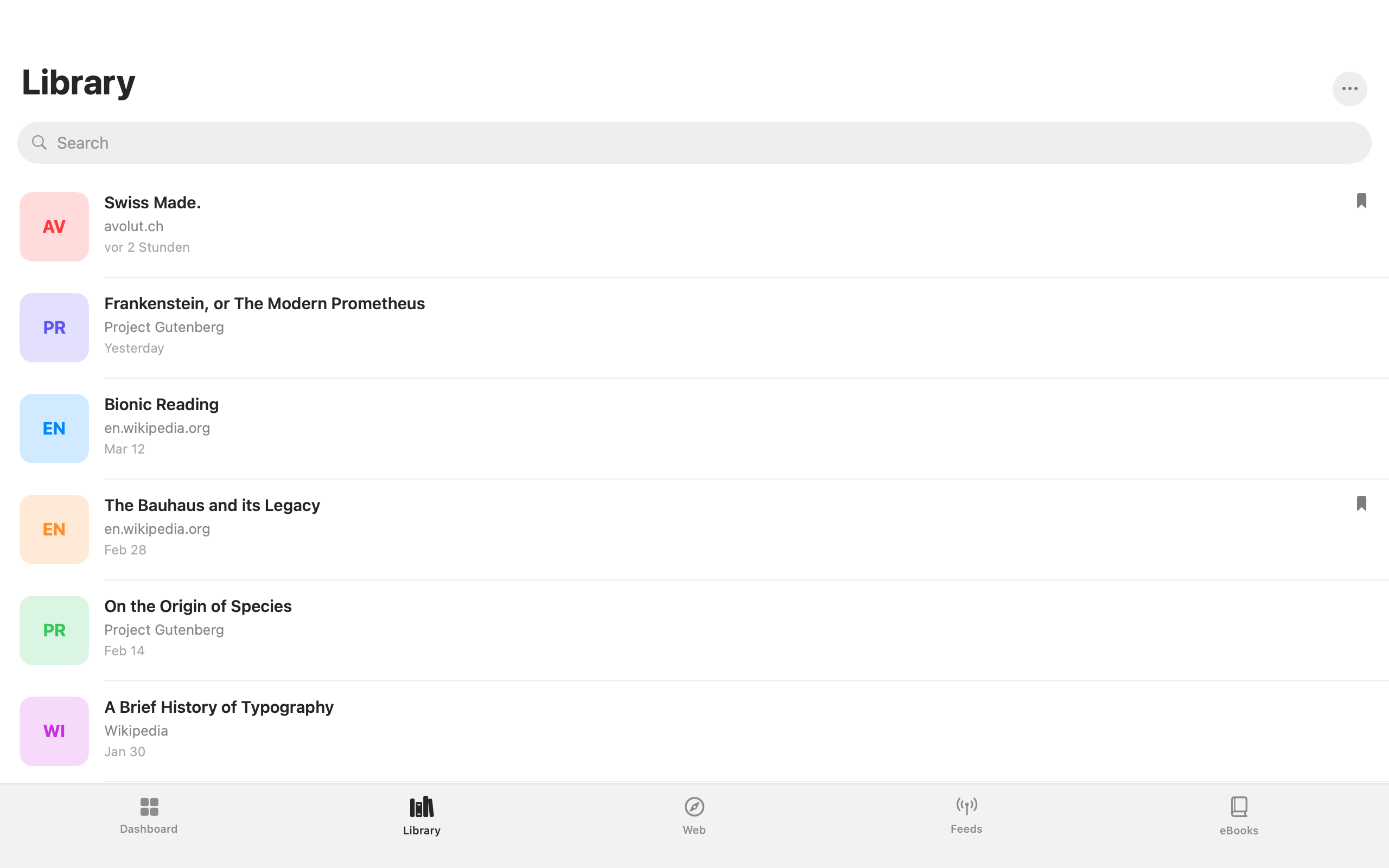 Read library on macOS — sidebar with article grid