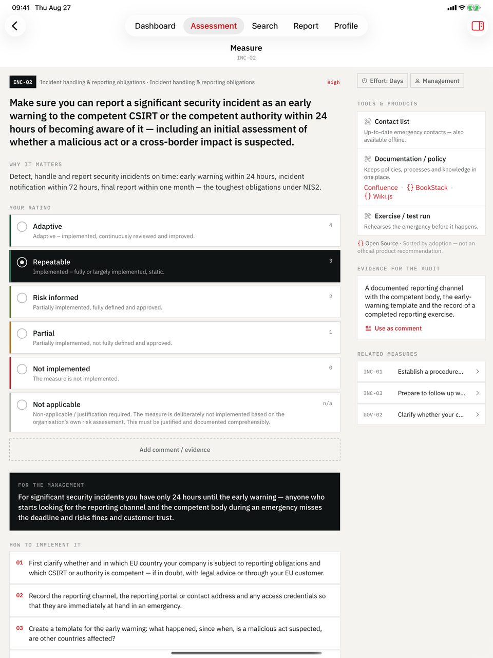 NIS2 Readiness Audit on iPad — Checkpoint: The duty with its article and paragraph, then maturity 0–4.