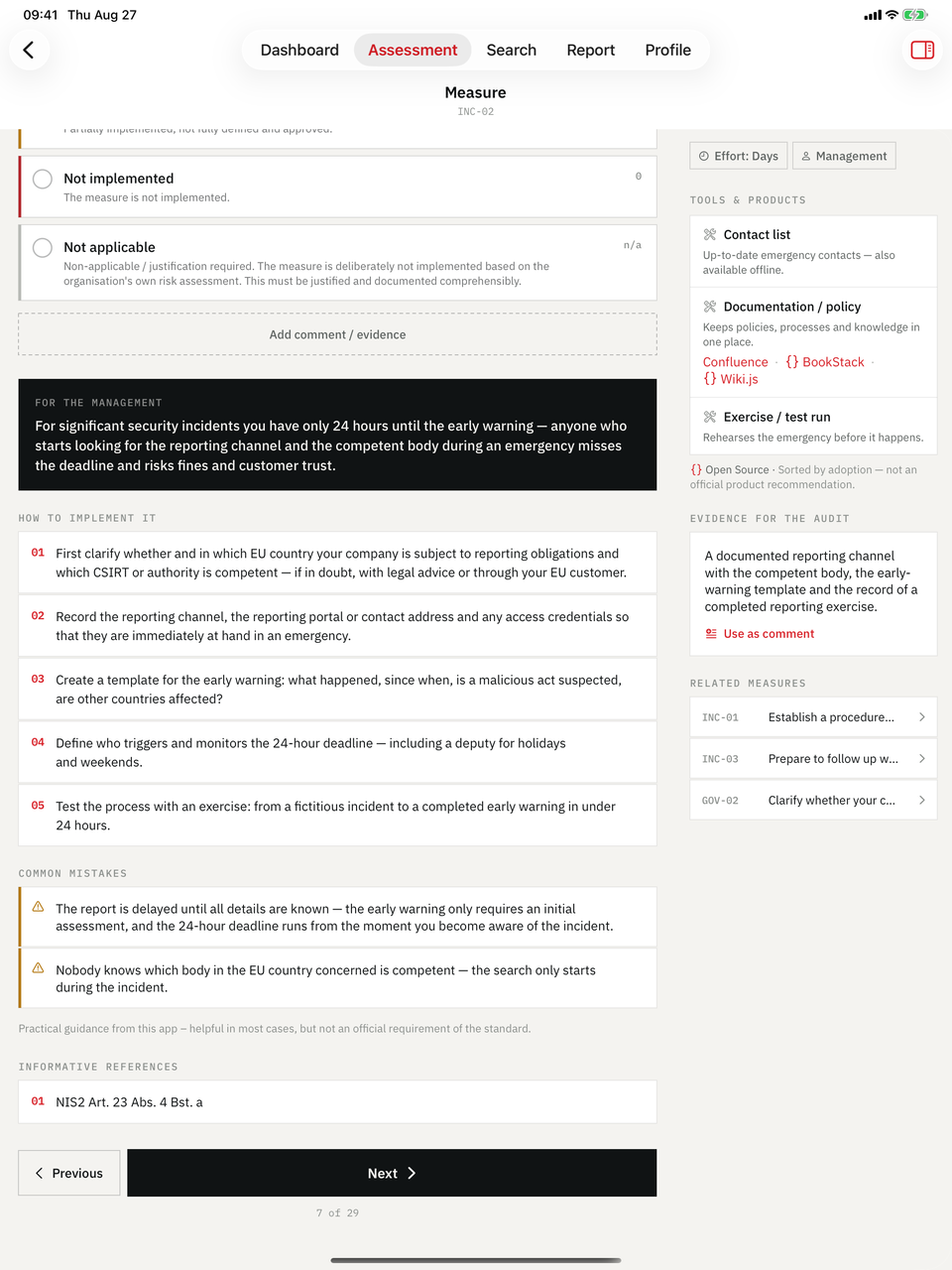 NIS2 Readiness Audit on iPad — Guidance: Steps, common mistakes, effort, and the audit evidence.