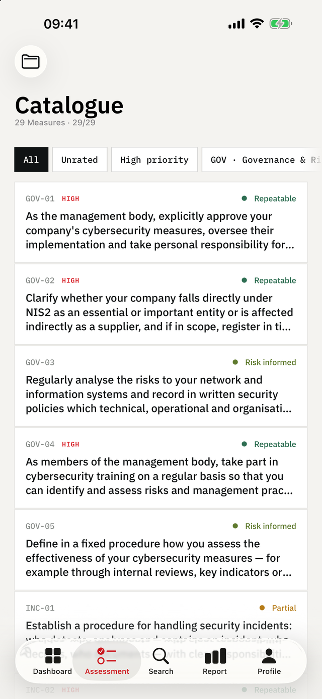 NIS2 Readiness Audit on iPhone — Assessment: All 29 checkpoints with priority and your current rating.
