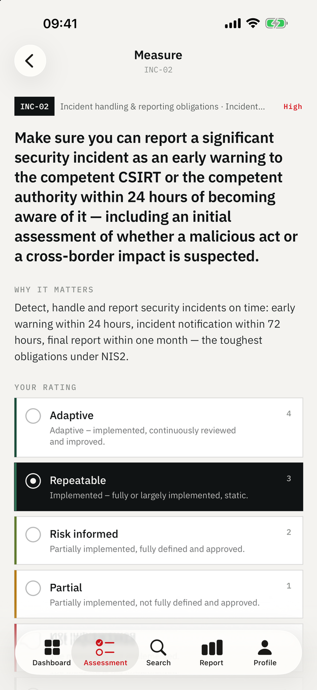 NIS2 Readiness Audit on iPhone — Checkpoint: The duty with its article and paragraph, then maturity 0–4.
