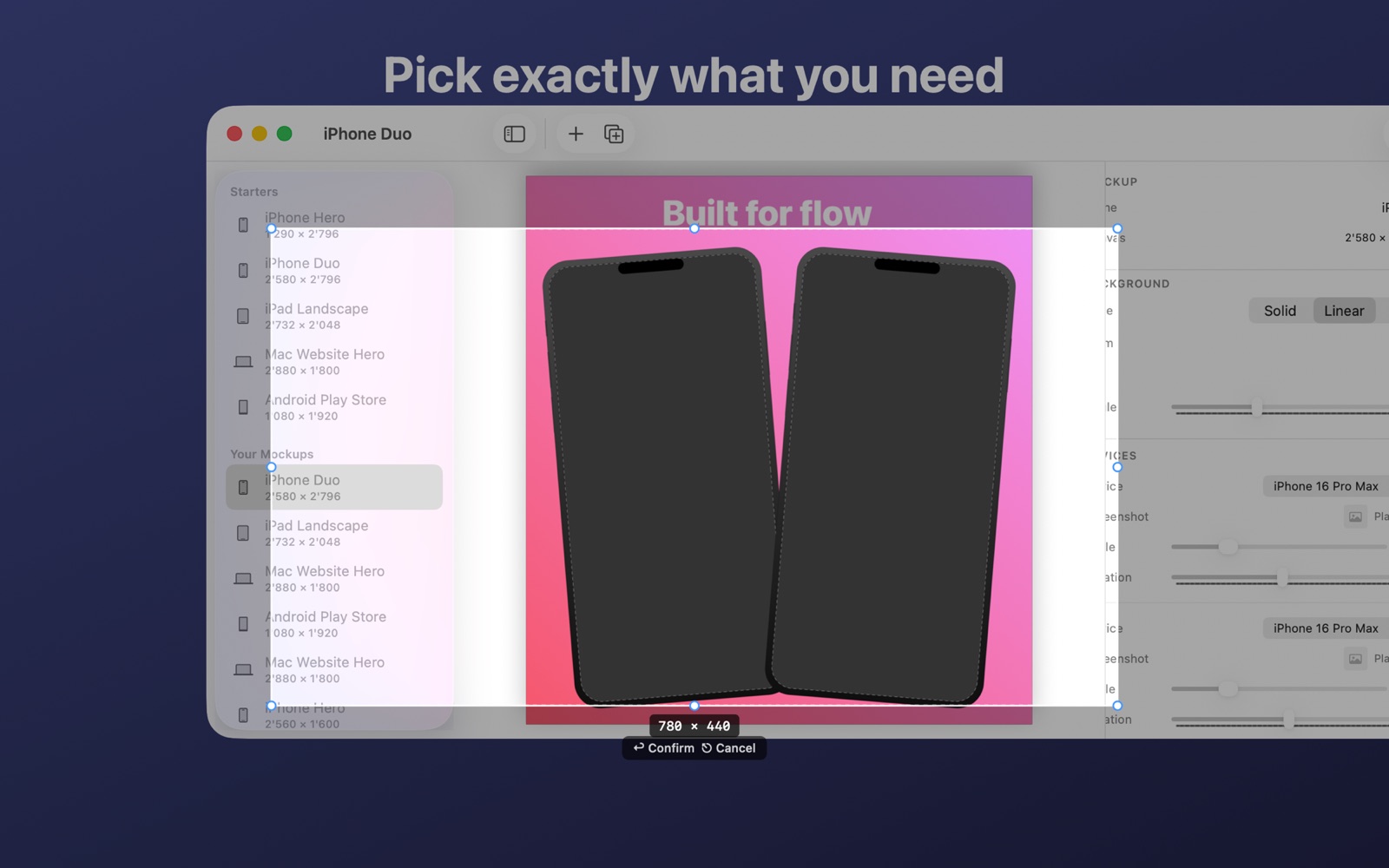 Region capture with live pixel dimensions over the Mockup Editor.