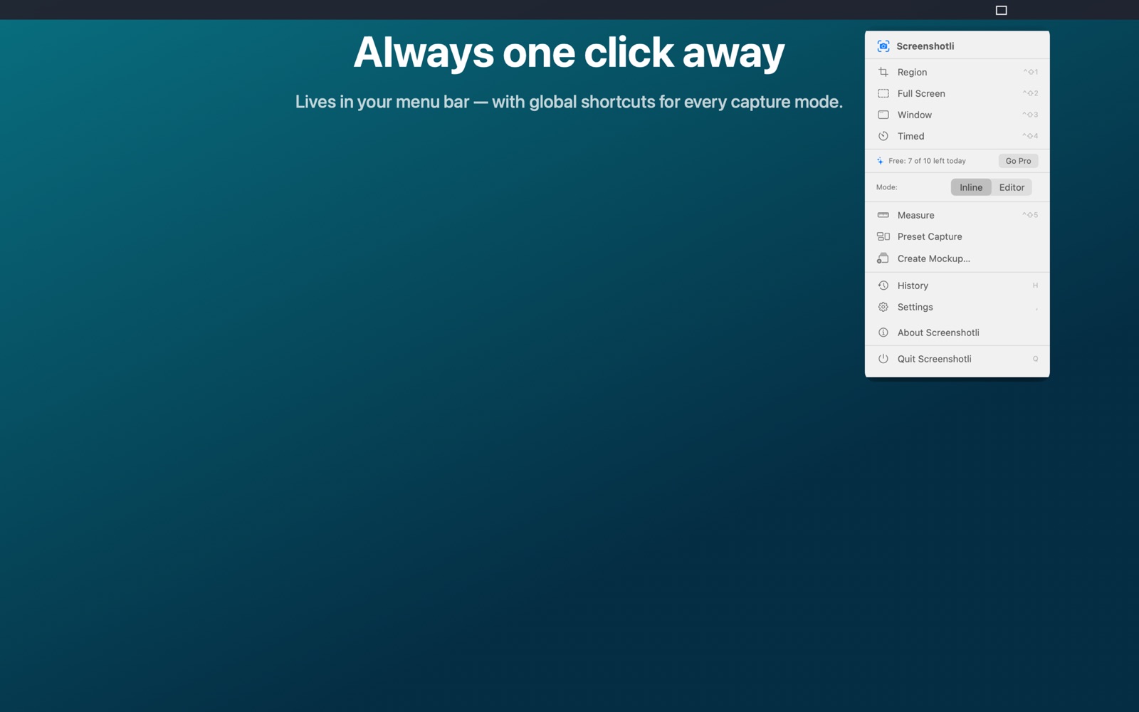 Menu bar popover with capture actions.